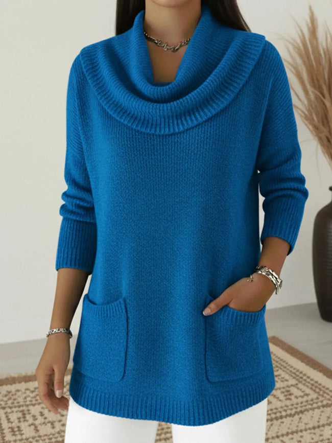Full Size Cowl Neck Long Sleeve Sweater with Pockets  Style Ratio