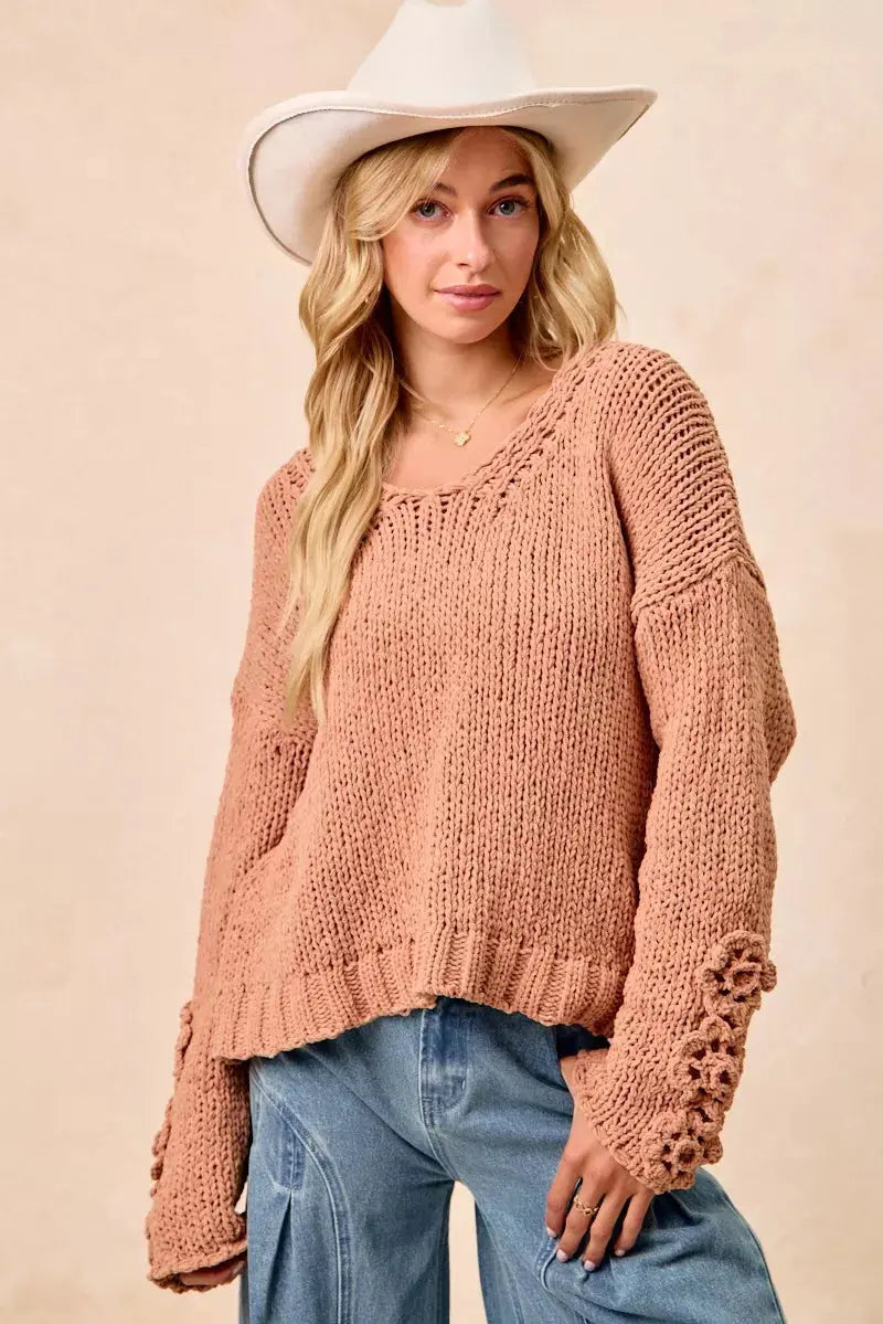 BiBi Chunky Knit Sweater with Flower Detail Sleeves  Style Ratio