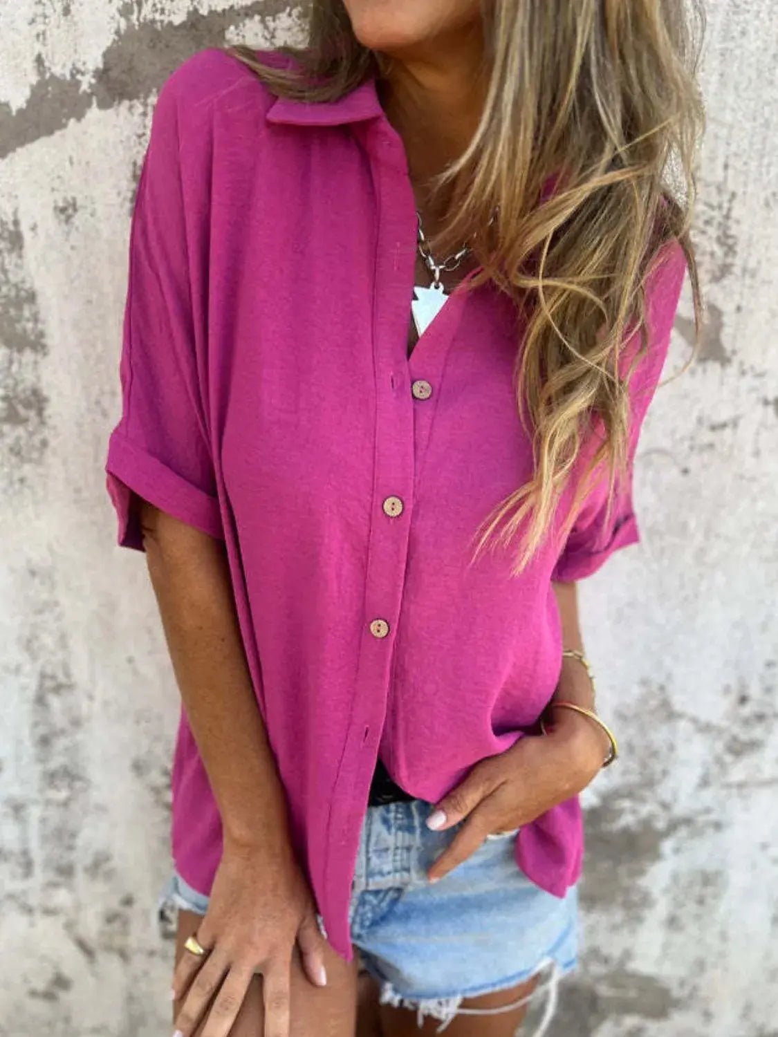 Full Size Collared Neck Half Sleeve Shirt  Style Ratio