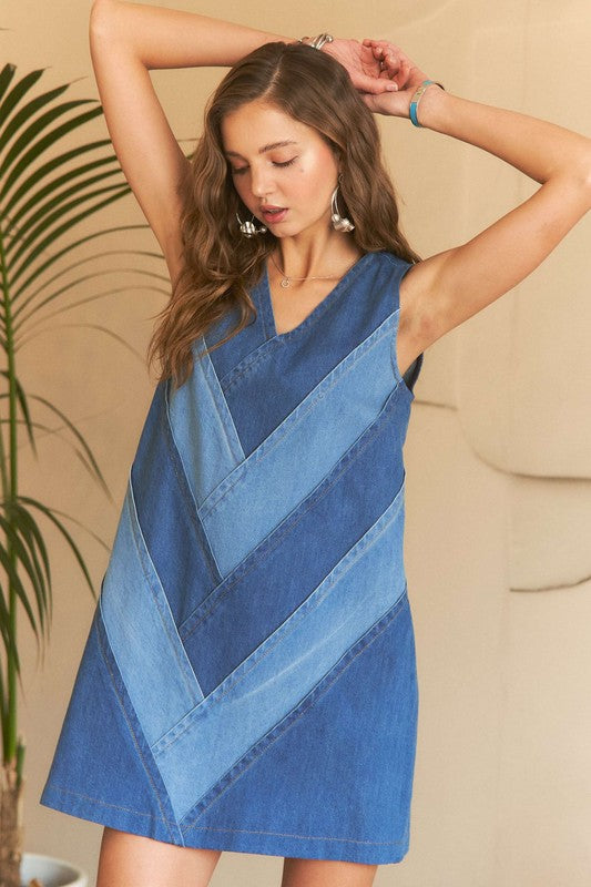 Chevron Color Block V-Neck Denim Dress