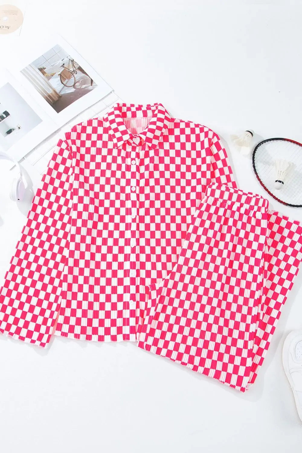 Checkerboard Print Long Sleeve Top and Pants Set  Style Ratio