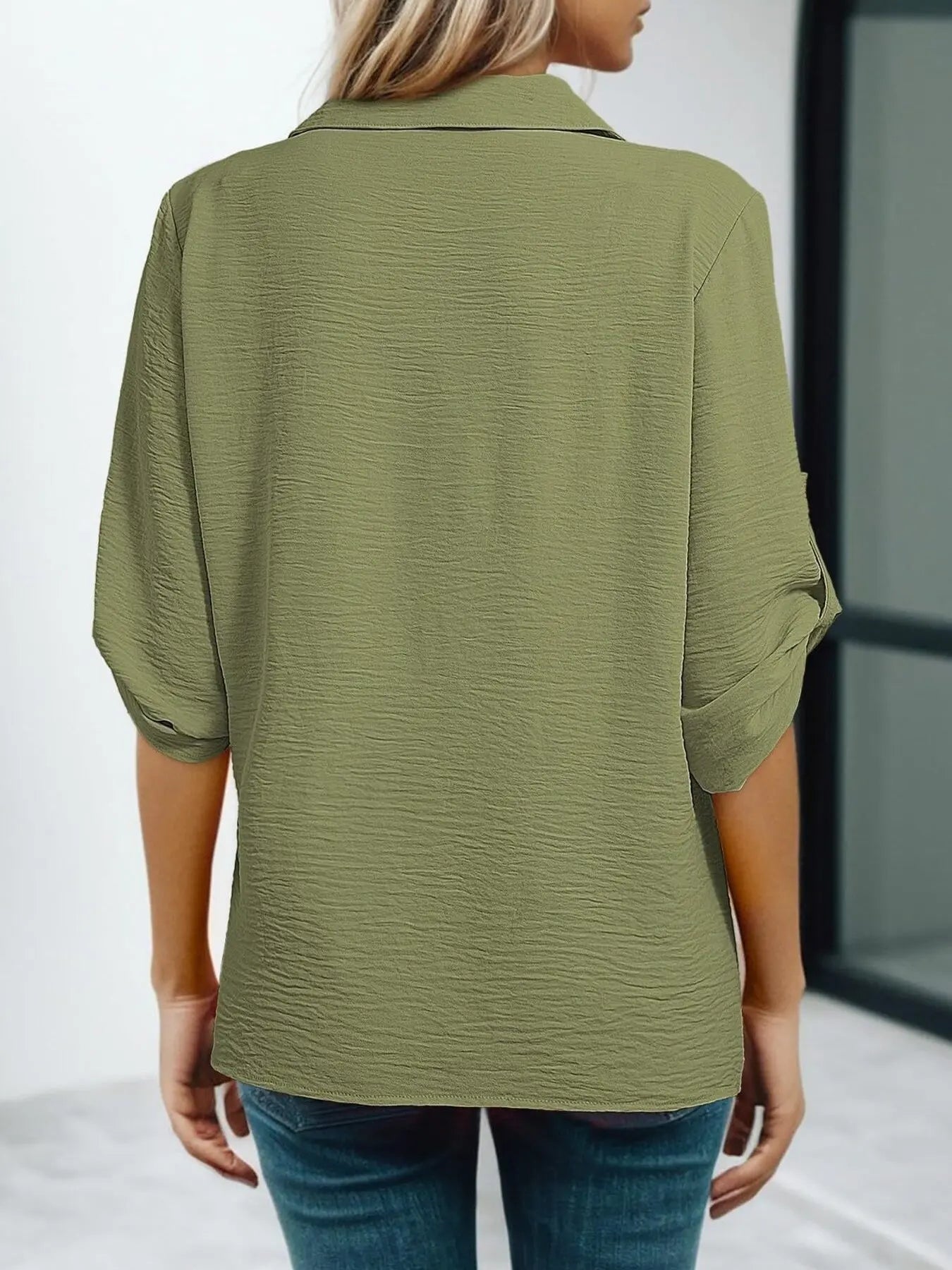 Johnny Collar Roll-Up Sleeve Blouse  Style Ratio