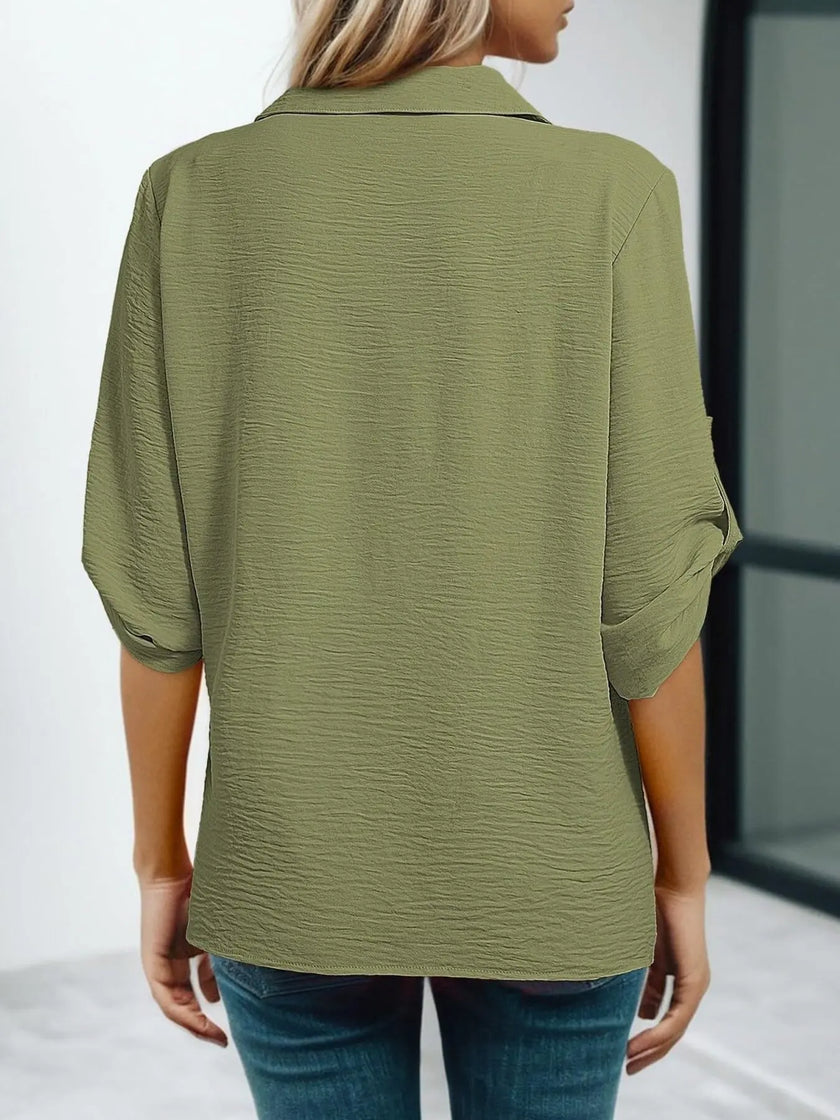 Johnny Collar Roll-Up Sleeve Blouse  Style Ratio