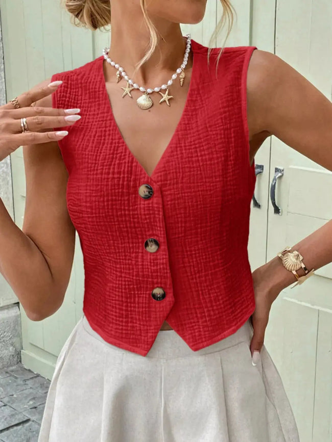 Textured Button Front Vest  Style Ratio