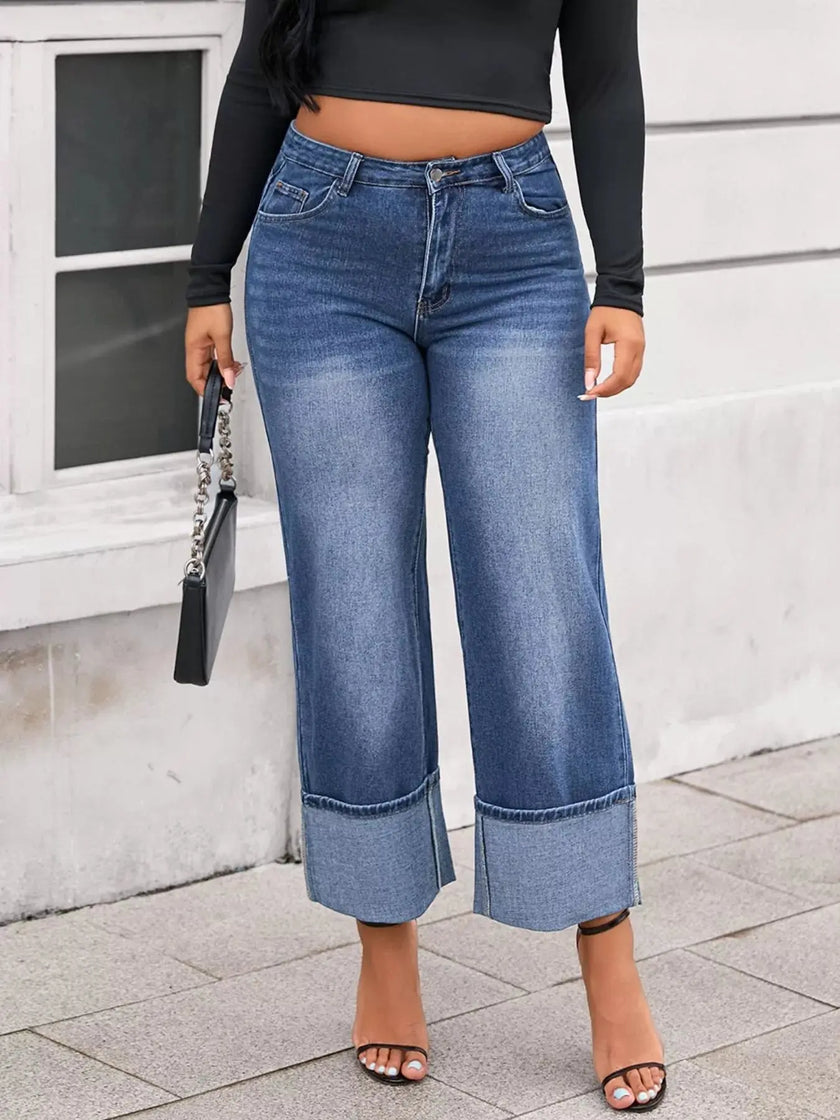 Plus Size High Waist Cuffed Wide Leg Jeans  Style Ratio
