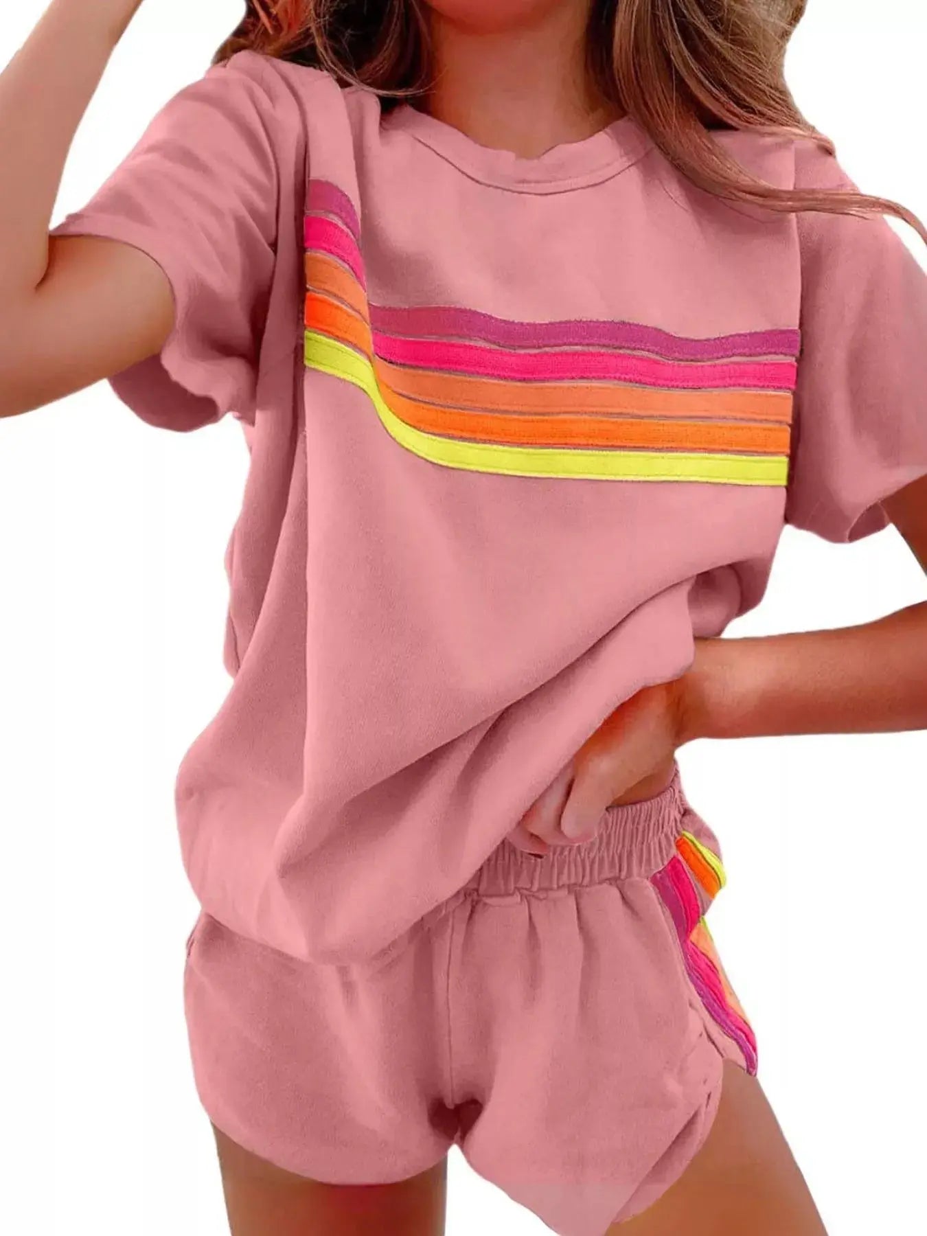 Rainbow Striped Round Neck Top and Shorts Set  Style Ratio