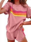 Rainbow Striped Round Neck Top and Shorts Set  Style Ratio