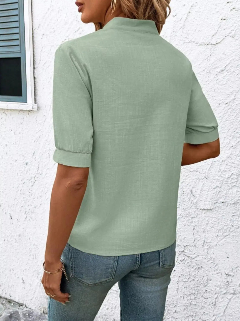 Embroidered Notched Short Sleeve Blouse  Style Ratio