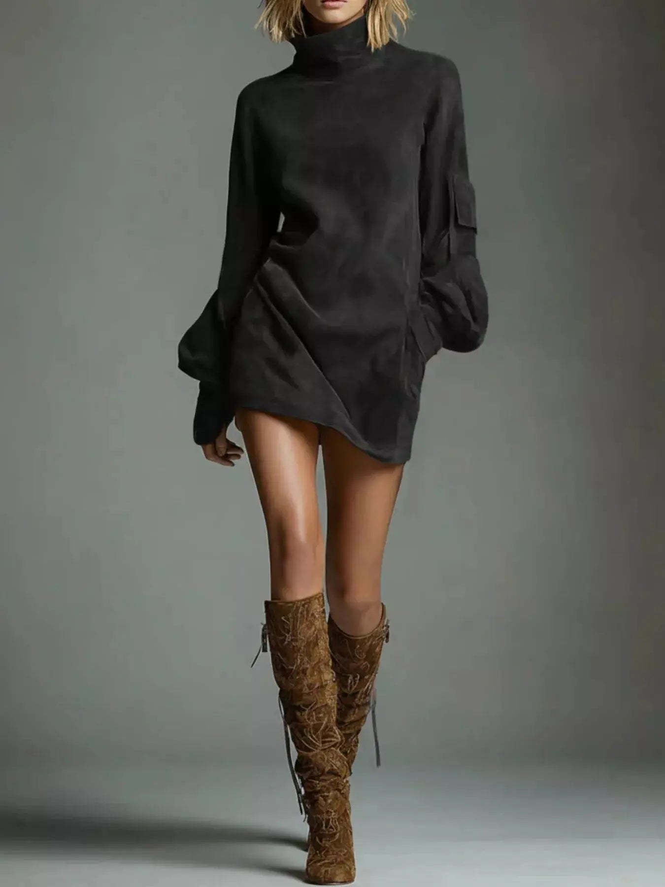 Turtleneck Lantern Sleeve Mini Dress with Pockets  Style Ratio