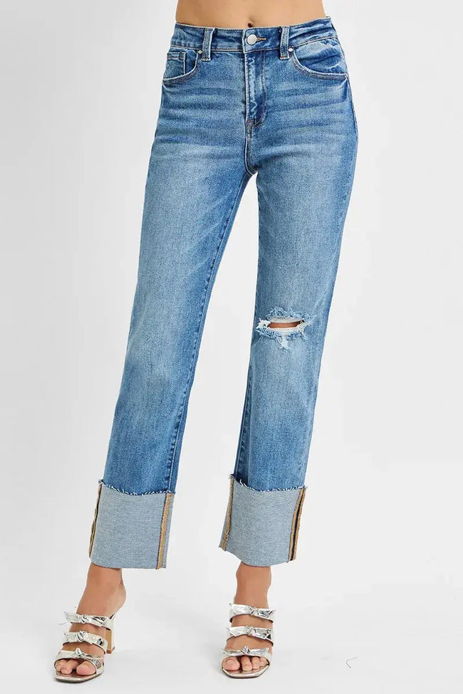 RISEN Full Size High Rise Ankle Straight Wide Cuffed Jeans  Style Ratio