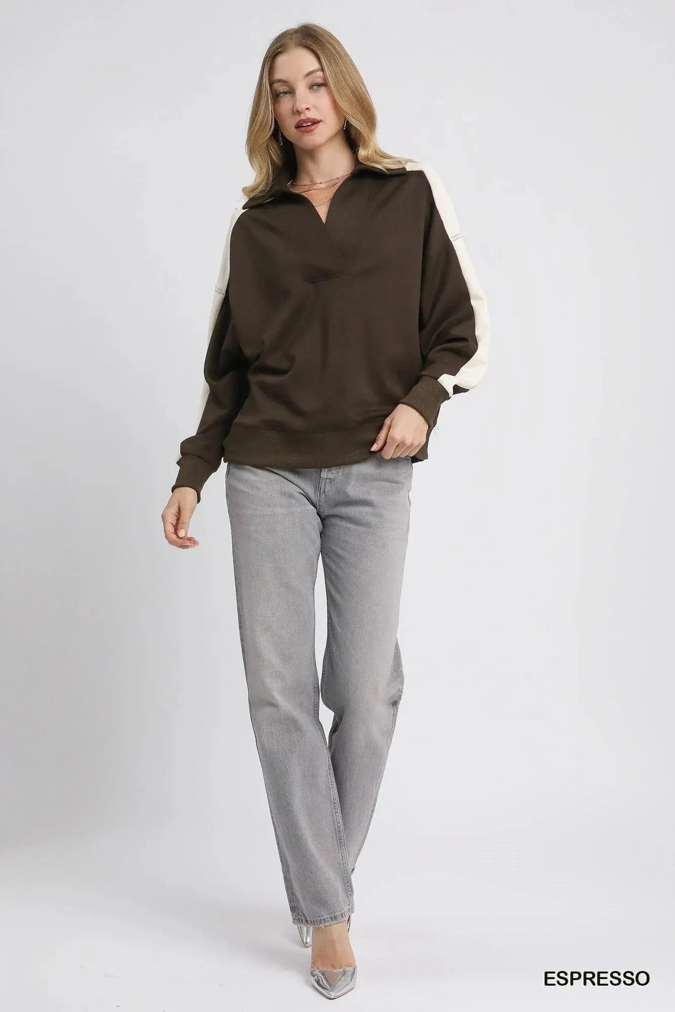 Umgee Color Block Polo Sweatshirt  Style Ratio