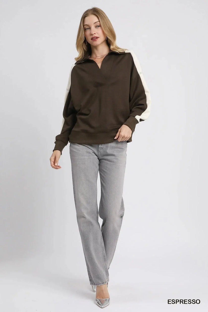 Umgee Color Block Polo Sweatshirt  Style Ratio