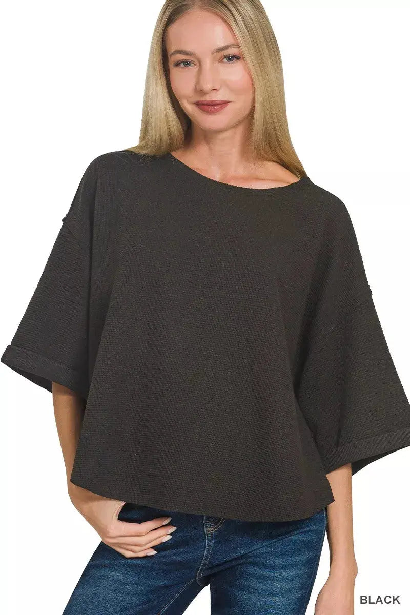 Zenana Double Knit Exposed Seam Curved Hem Top  Style Ratio