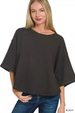 Zenana Double Knit Exposed Seam Curved Hem Top  Style Ratio