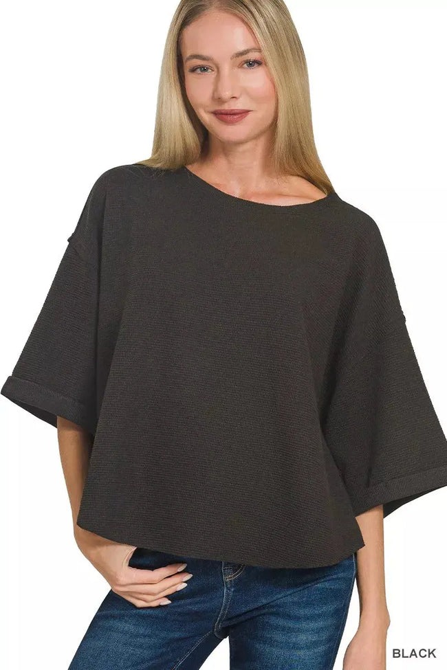 Zenana Double Knit Exposed Seam Curved Hem Top  Style Ratio