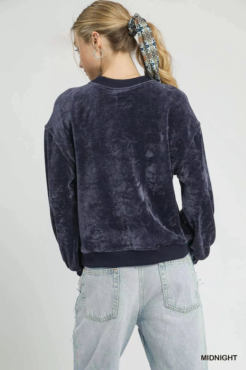 Umgee Velour Crewneck Balloon Sleeve Sweatshirt  Style Ratio