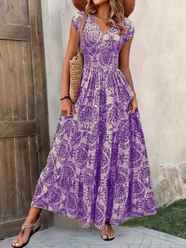 Printed Cap Sleeve Maxi Dress  Style Ratio