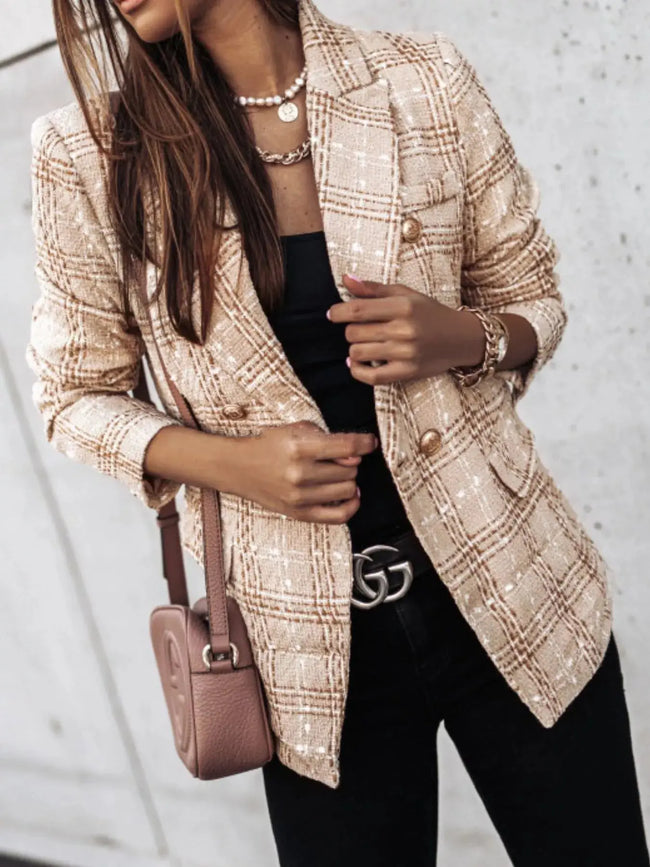 Full Size Plaid Tweed Double-Breasted Blazer Plus Size  Style Ratio