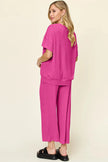 Double Take Texture Round Neck Short Sleeve Shirt and Wide Leg Pants  Style Ratio
