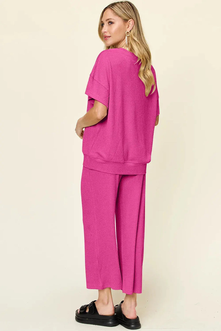 Double Take Texture Round Neck Short Sleeve Shirt and Wide Leg Pants  Style Ratio
