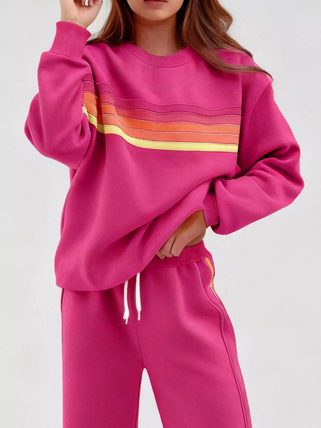 Striped Round Neck Sweatshirt and Pants Set  Style Ratio
