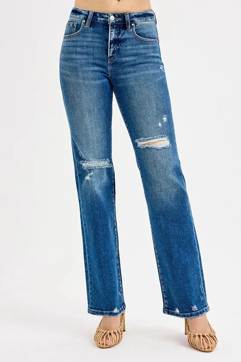 RISEN Full Size Tummy Control High Rise Straight Distressed Jeans  Style Ratio