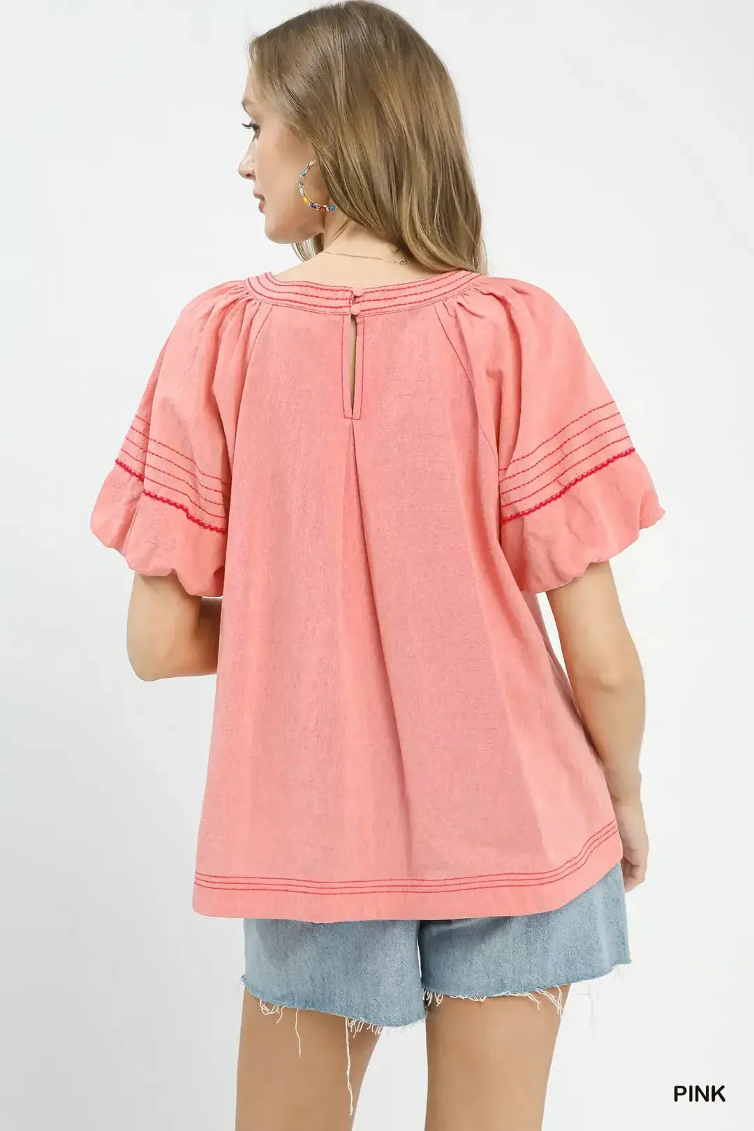 Umgee Round Neck Puff Sleeve Top with Contrast Stitch Detail  Style Ratio