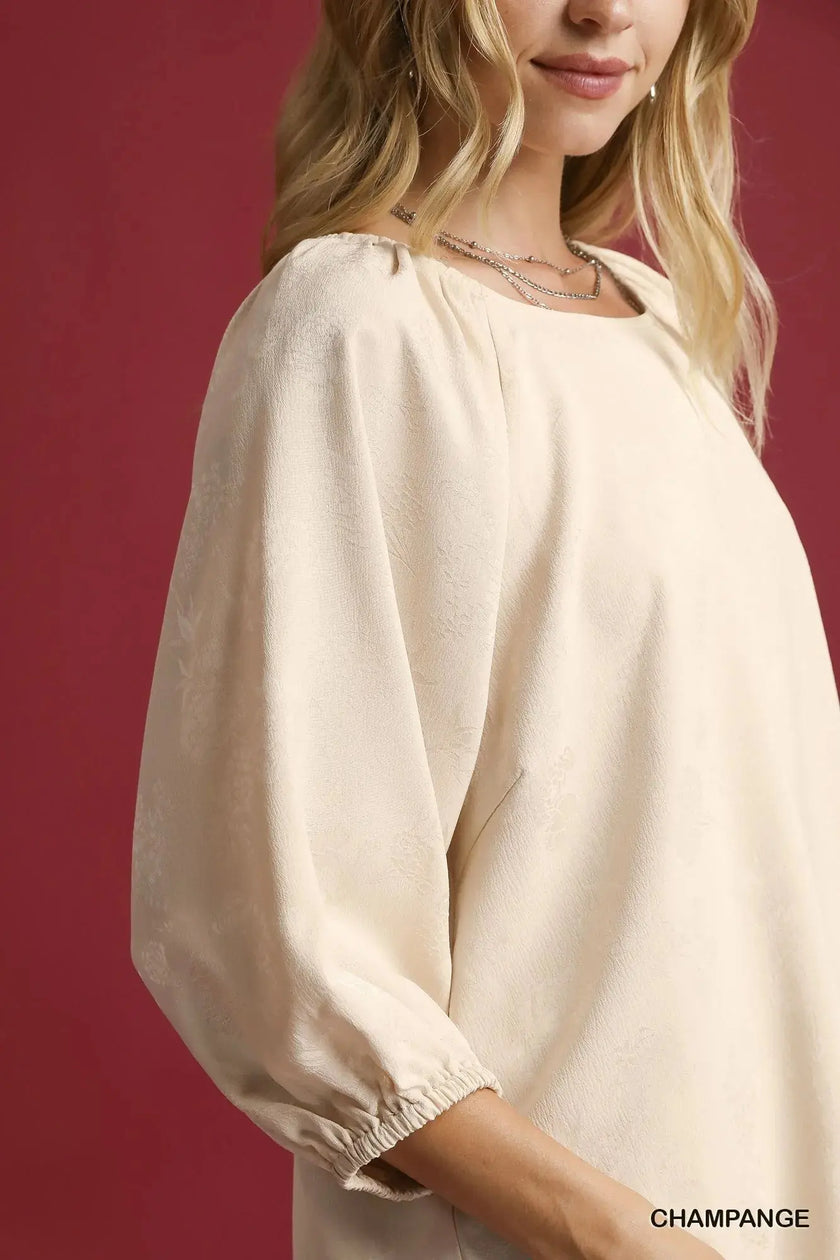 Umgee Satin Jacquard Balloon Sleeve Blouse  Style Ratio