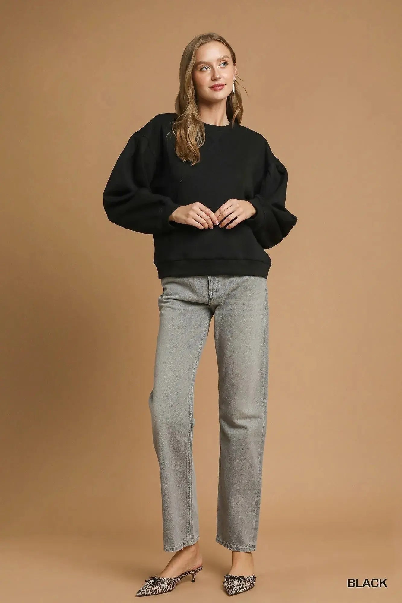 Umgee Round Neck Sweatshirt with Pleated Detail  Style Ratio