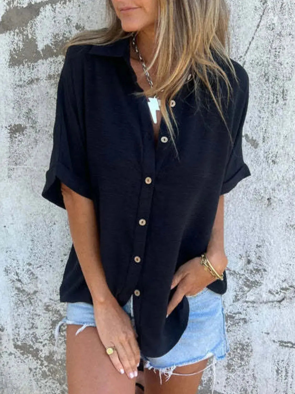 Full Size Collared Neck Half Sleeve Shirt  Style Ratio