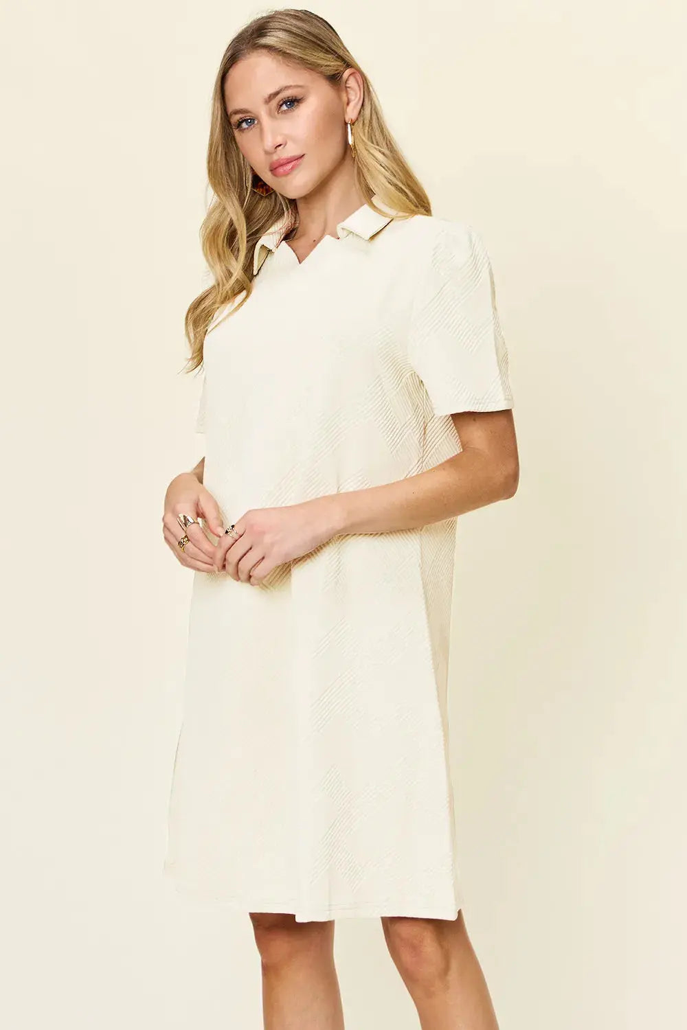 Double Take Full Size Texture Collared Neck Short Sleeve Dress  Style Ratio