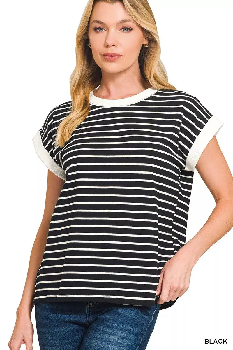 Zenana Full Size Contrast Trim Cap Sleeve Stripe Sweater  Style Ratio
