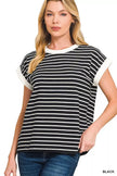 Zenana Full Size Contrast Trim Cap Sleeve Stripe Sweater  Style Ratio