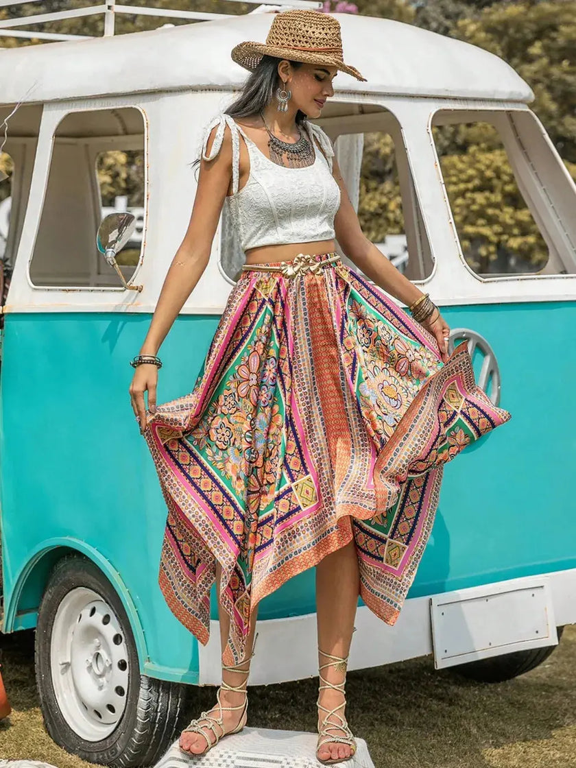 Printed High Waist Handkerchief Hem Skirt  Style Ratio