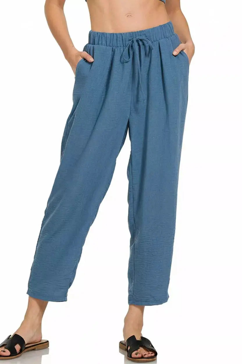 Zenana Woven Crepe Elastic Band Waist Pants  Style Ratio