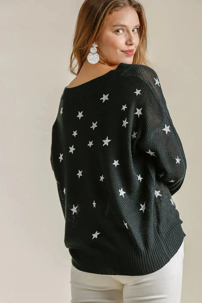 Umgee Star V-Neck Long Sleeve Sweater  Style Ratio