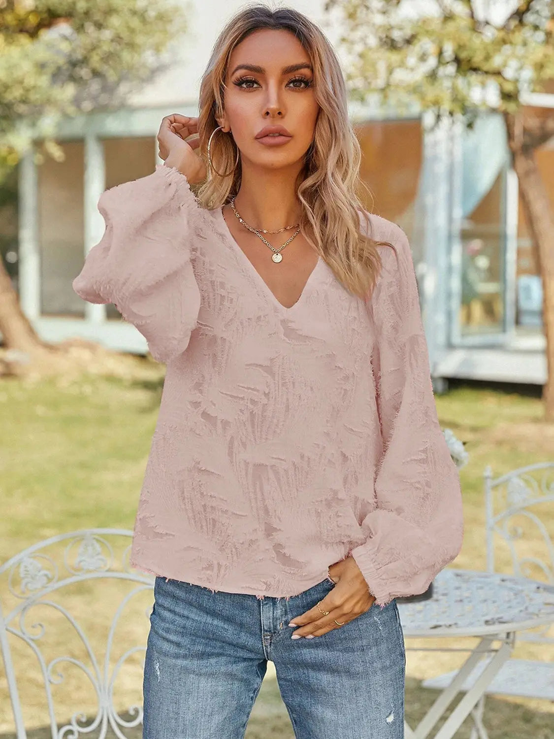 V-Neck Long Sleeve Blouse  Style Ratio