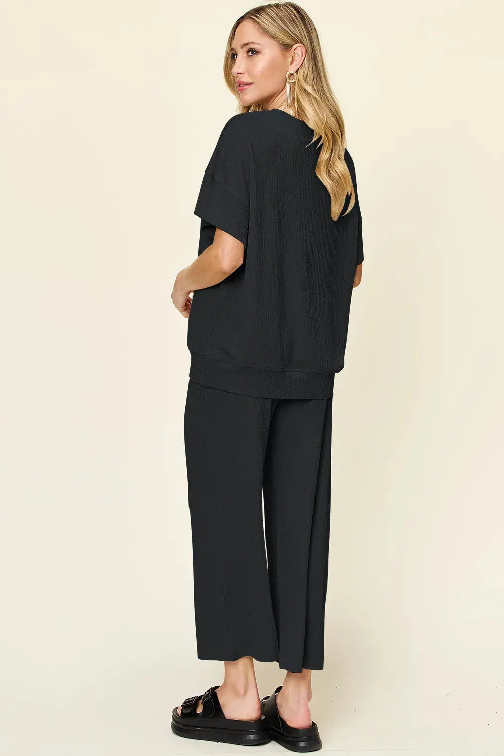 Double Take Texture Round Neck Short Sleeve Shirt and Wide Leg Pants  Style Ratio