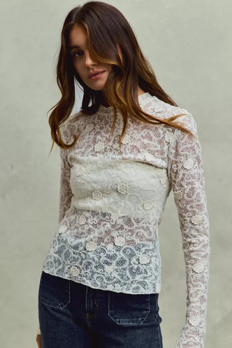 SO ME Lace 3d Effect Floral Layering Long Sleeve Top  Style Ratio