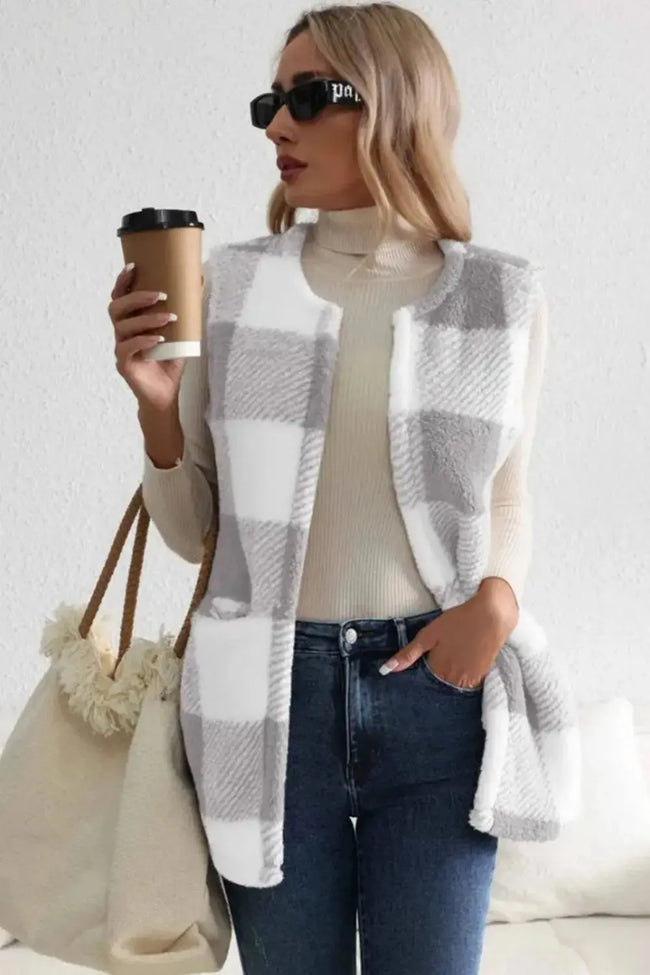 Sherpa Plaid Open Front Vest  Style Ratio