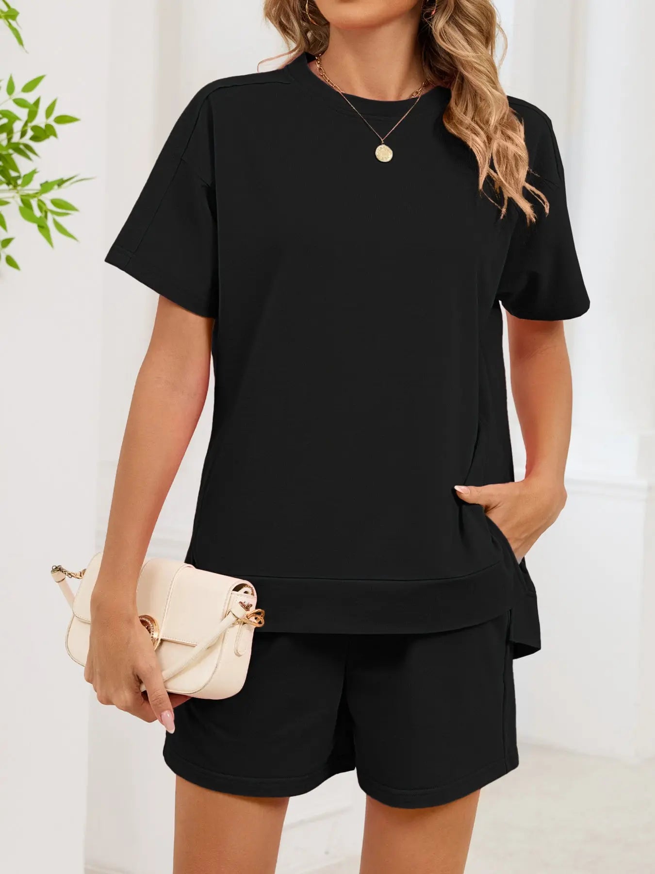 Round Neck Short Sleeve Shirt and Shorts Loungewear  Style Ratio