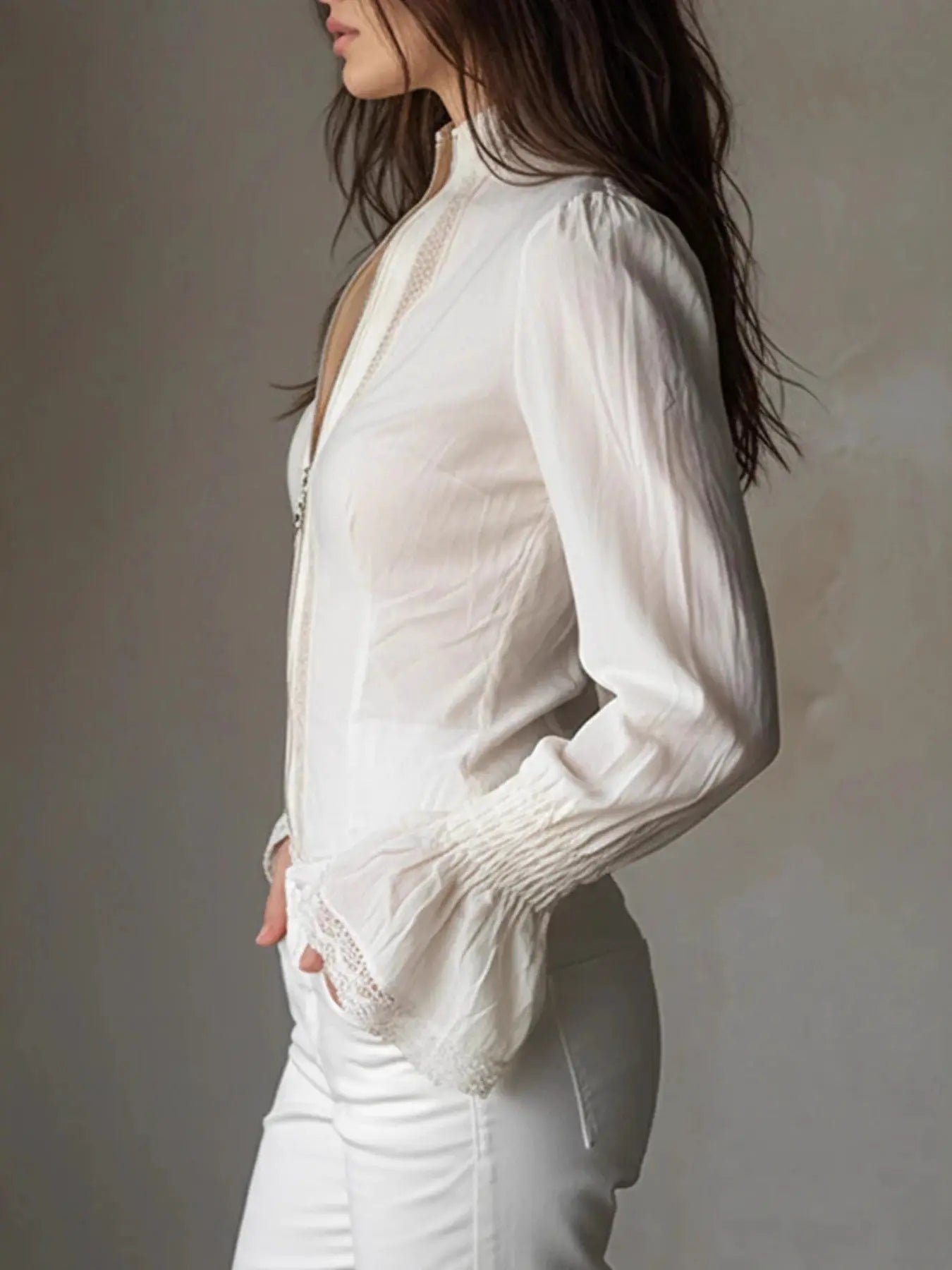 Lace Trim Zip-Up Shirt  Style Ratio