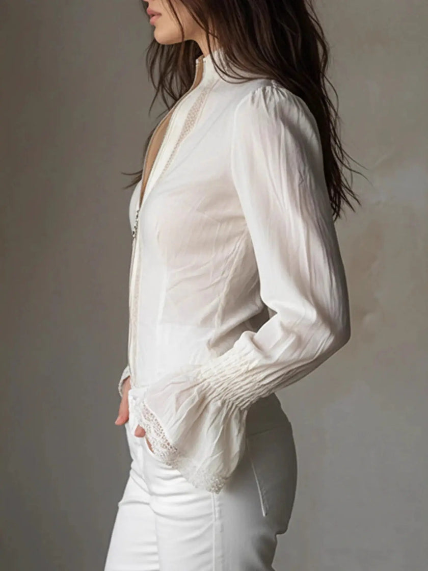 Lace Trim Zip-Up Shirt  Style Ratio