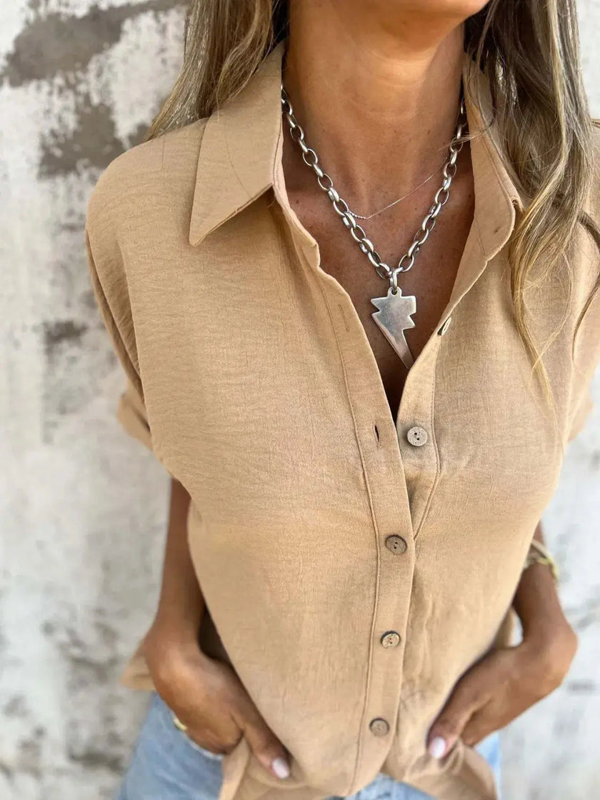 Full Size Collared Neck Half Sleeve Shirt  Style Ratio