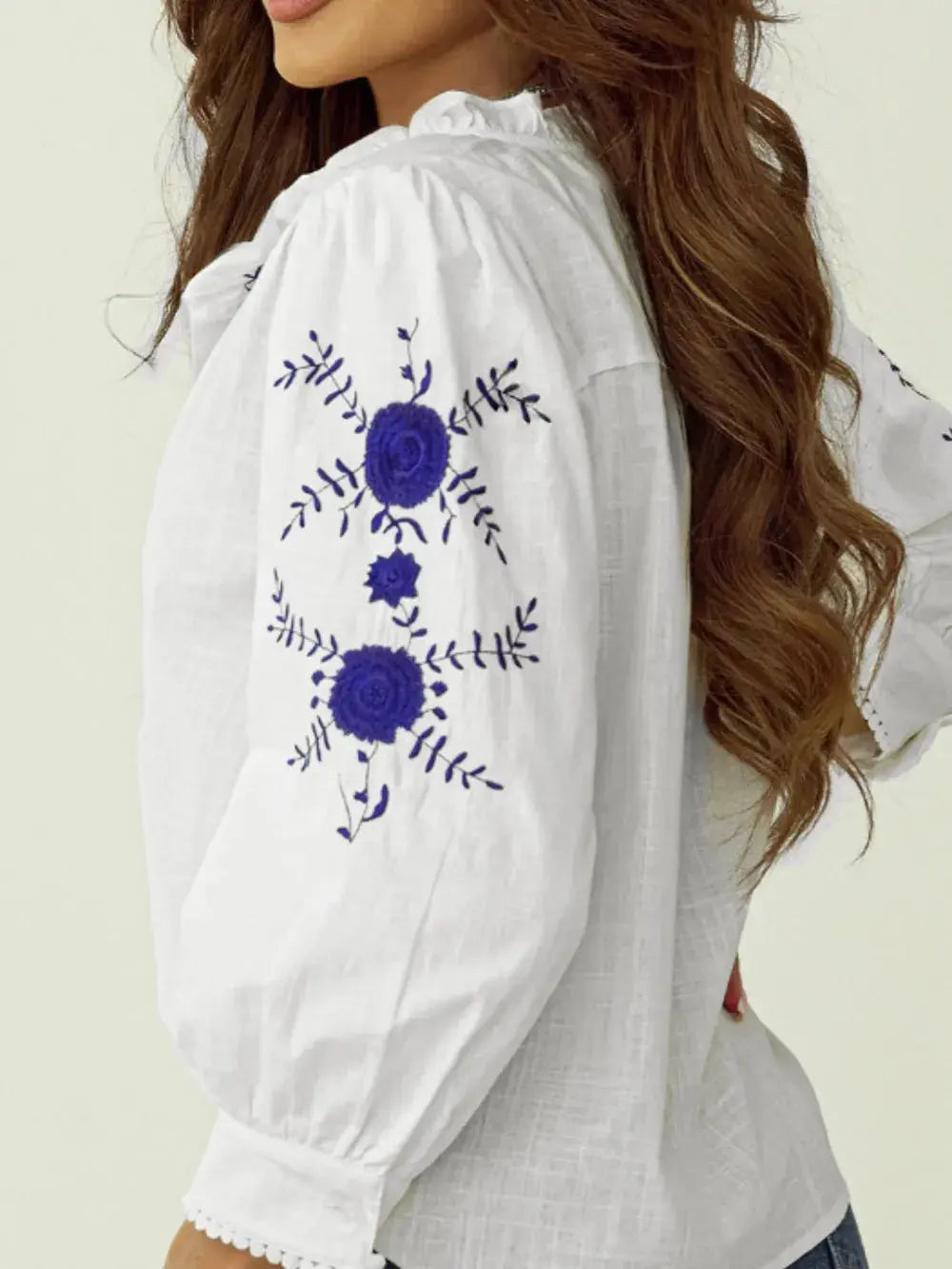 Frill Floral Embroidered Sleeve Blouse  Style Ratio