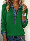 Full Size Denim Trim Button Front Ribbed Knit Top Plus Size  Style Ratio