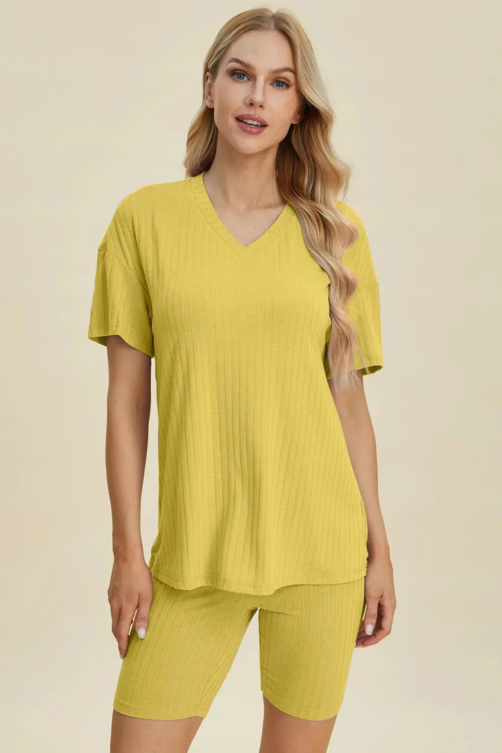 Basic Bae Full Size Ribbed V-Neck Short Sleeve Top and Shorts Loungewear  Style Ratio
