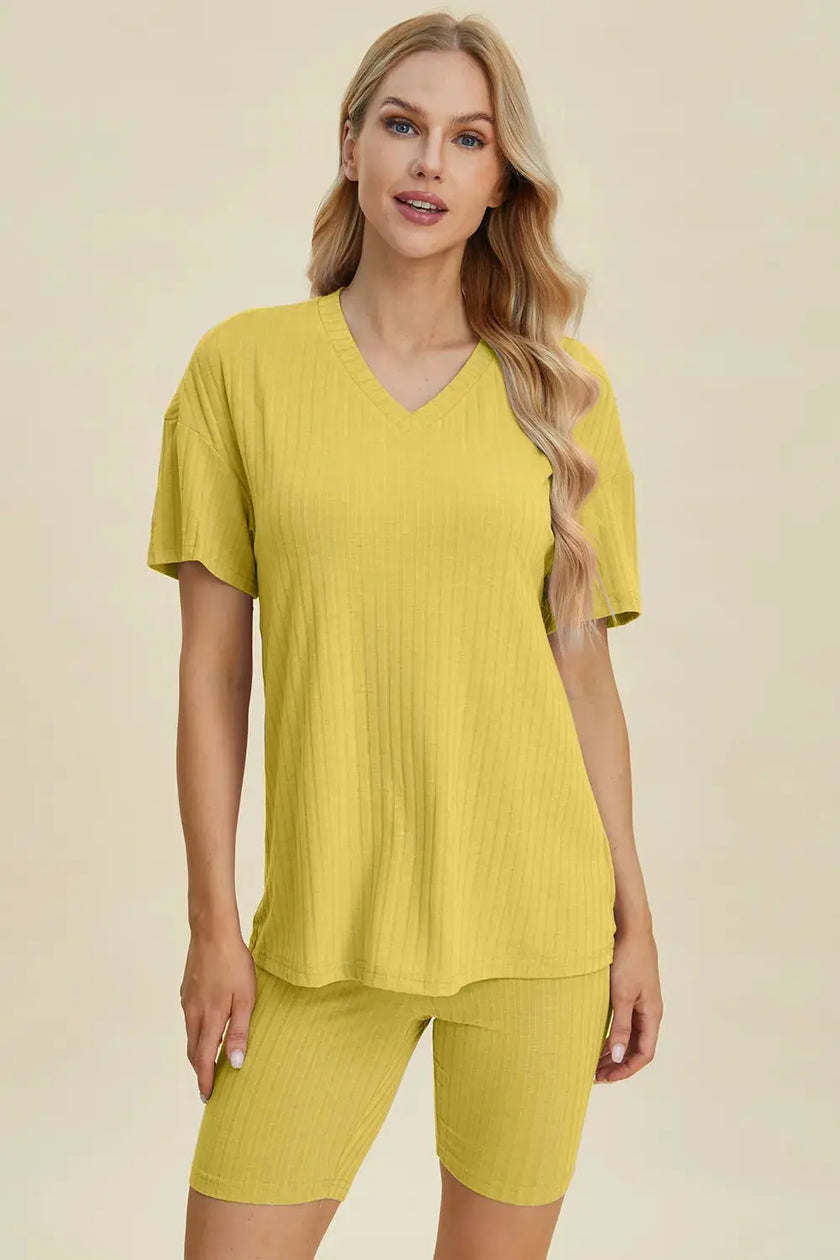 Basic Bae Full Size Ribbed V-Neck Short Sleeve Top and Shorts Loungewear  Style Ratio