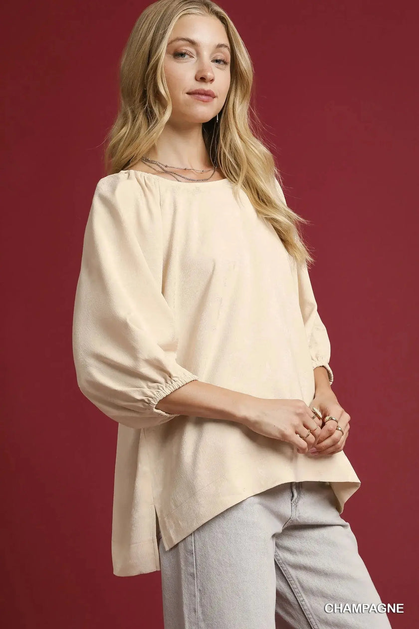 Umgee Satin Jacquard Balloon Sleeve Blouse  Style Ratio