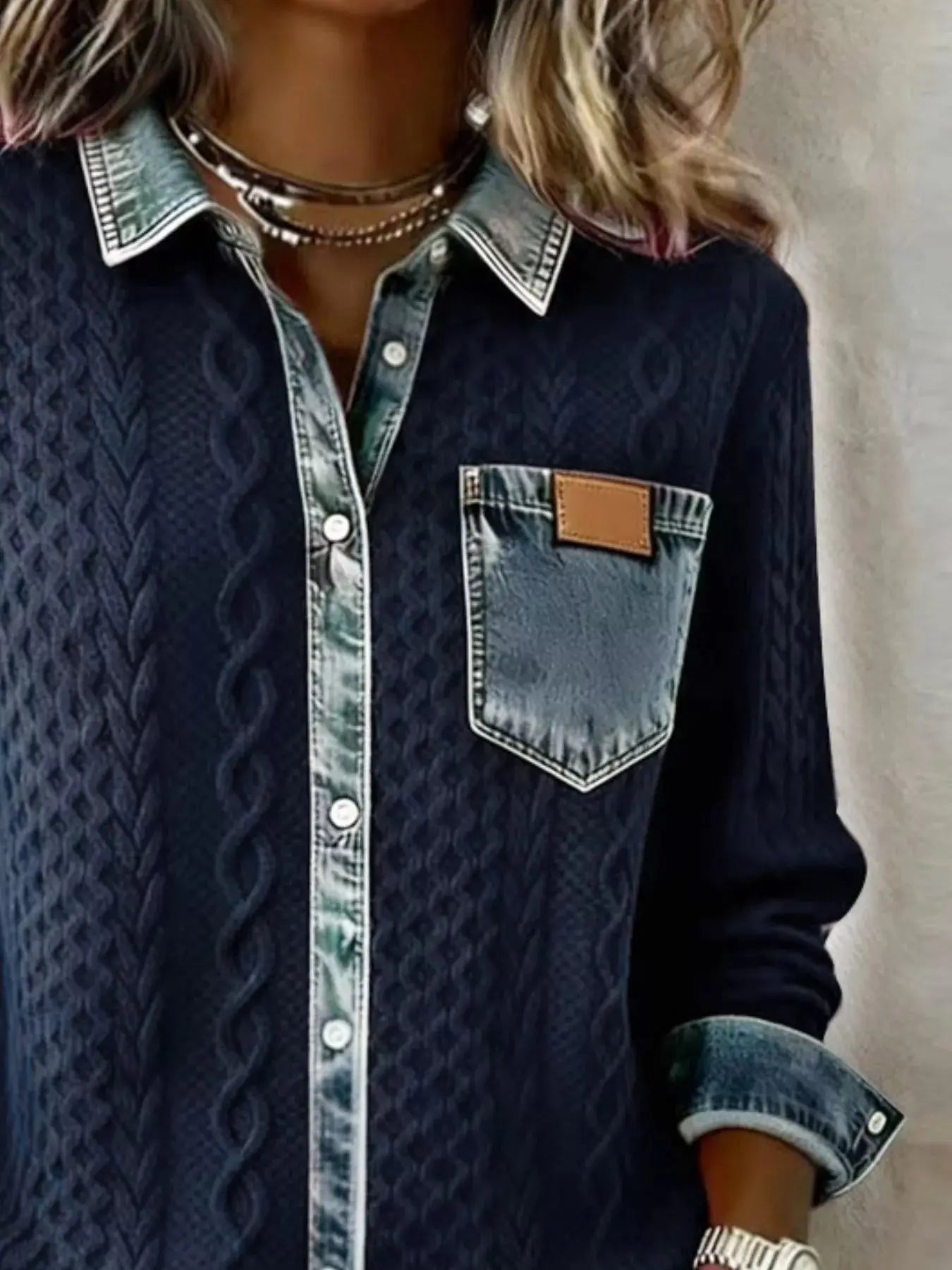 Denim Trim Cable Knit Top  Style Ratio